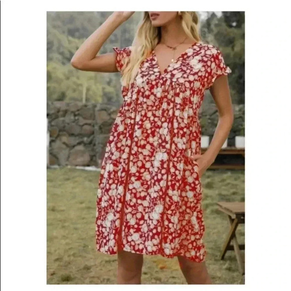 🆕Boho Trendy Red Floral Ruffle-Trim Pocket Shift Dress XL🆕 - Picture 3 of 9